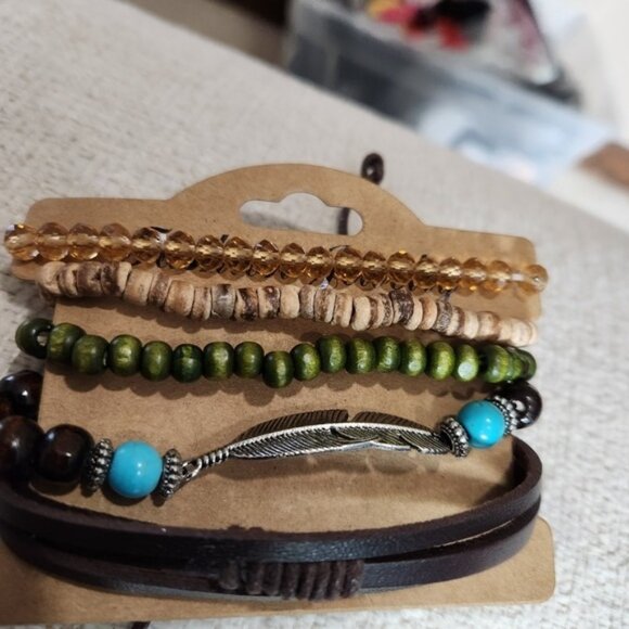 Nwt Womens /Mens Leather and Wood Brown Hues Bracelet Set - Picture 2 of 4